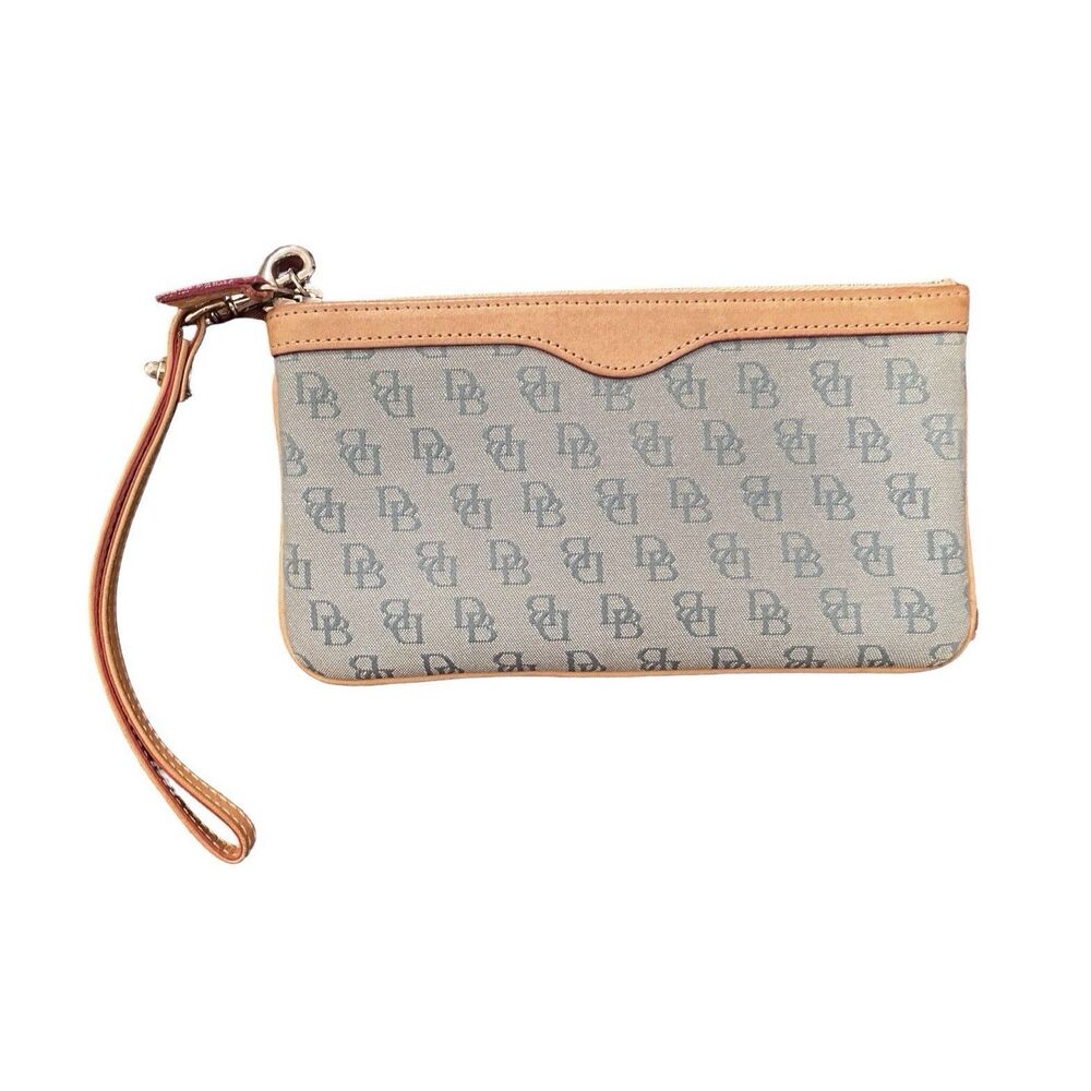 VTG Dooney and Bourke Signature Wristlet Blue Cotton Canvas Light Brown Leather